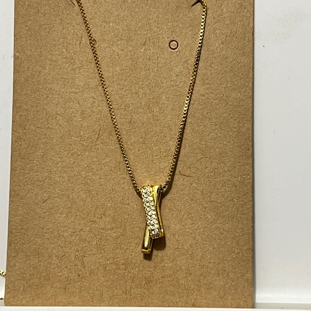 Gold‎ Tone Interlocking Bar Pendant Necklace with Pavé Crystals Box Chain - Picture 5 of 6